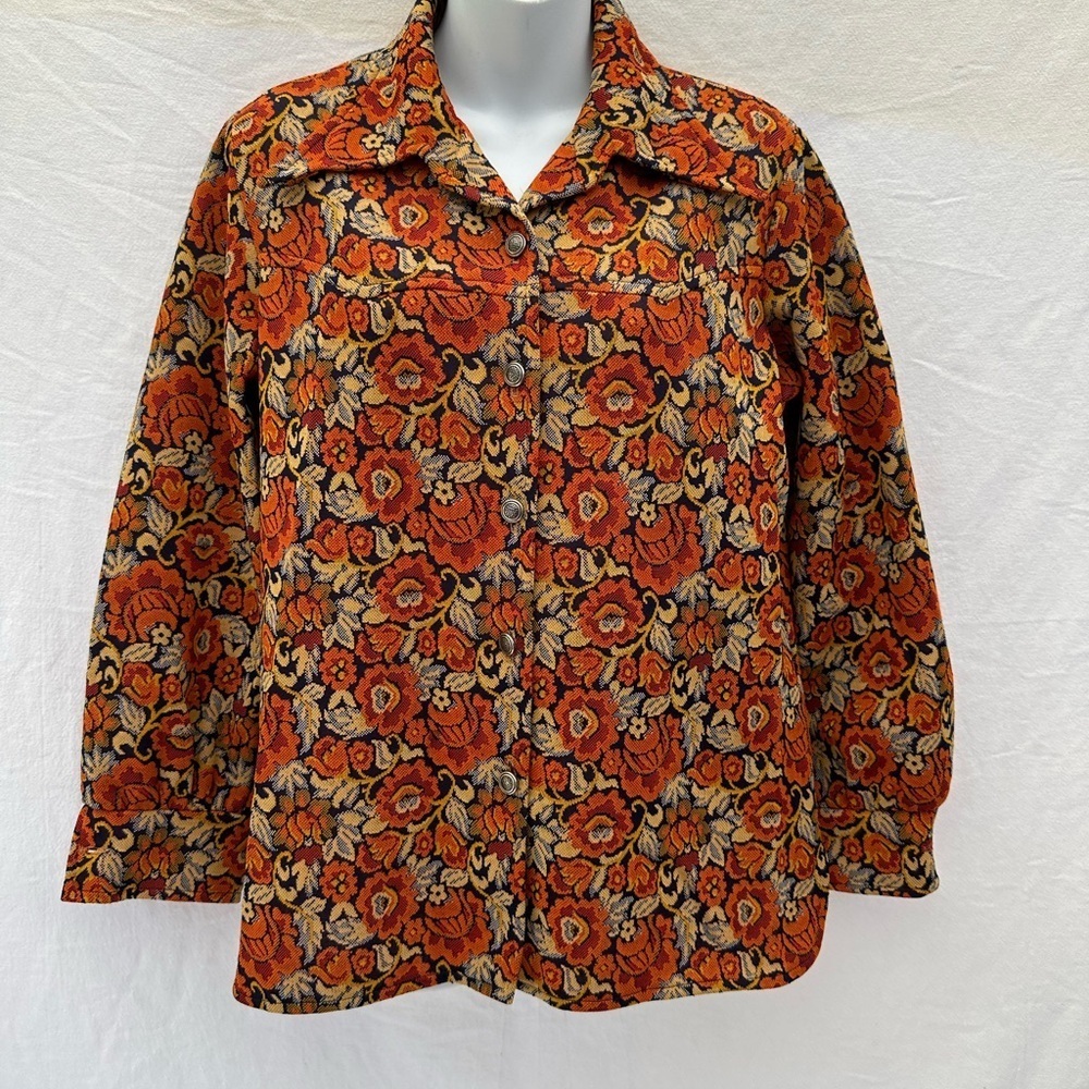 Vintage Floral Patterned Women's Top - Orange and Black